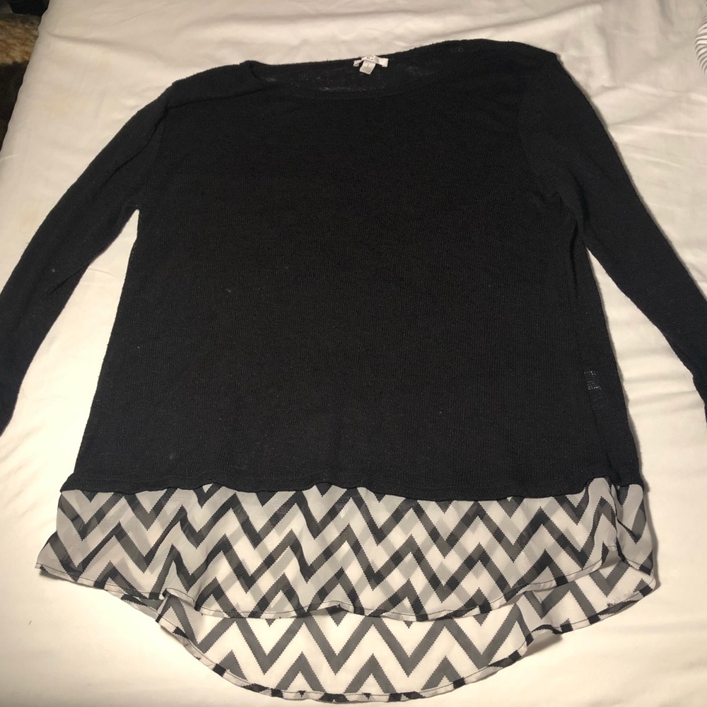Charming Charlie black sweater w/ chevron chiffon